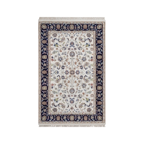 Pearl White, Nain with All Over Flower Design, Hand Knotted, 250 KPSI, Soft Pile, Wool and Silk, Mat, Sample, Oriental 