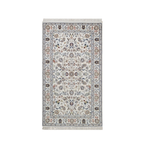 Pearl White, Nain with All Over Flower Design, Wool and Silk, 250 KPSI, Hand Knotted, Soft Pile, Oriental Rug