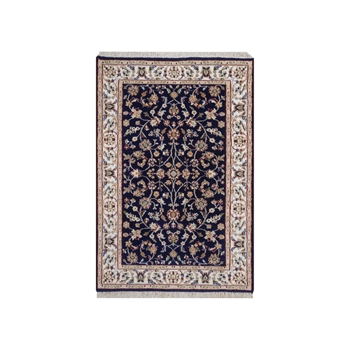 Midnight Blue, Nain with All Over Flower Design, Soft Pile, Wool and Silk, 250 KPSI, Hand Knotted, Sample, Mat, Oriental 