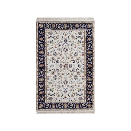 Pearl White, Nain with All Over Floral Pattern, Hand Knotted, 250 KPSI, Soft Pile, Wool and Silk, Sample, Mat, Oriental 