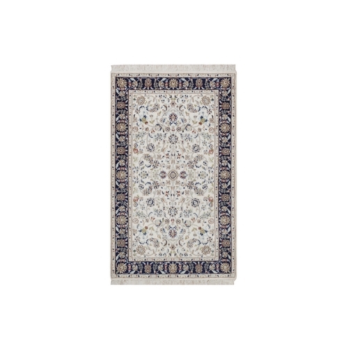 Pearl White, Hand Knotted, Nain with All Over Flower Design, 250 KPSI, Soft Pile, Wool and Silk, Oriental 