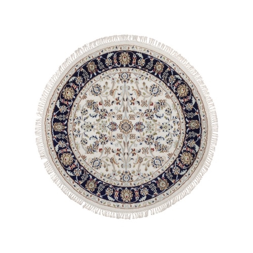 Pearl White, Nain with All Over Flower Design, Hand Knotted, 250 KPSI, Soft Pile, Wool and Silk, Round, Oriental 