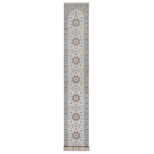 Pearl White, Nain with Flower Medallions Design, 250 KPSI, Hand Knotted, Soft Pile, Wool and Silk, XL Runner, Oriental 