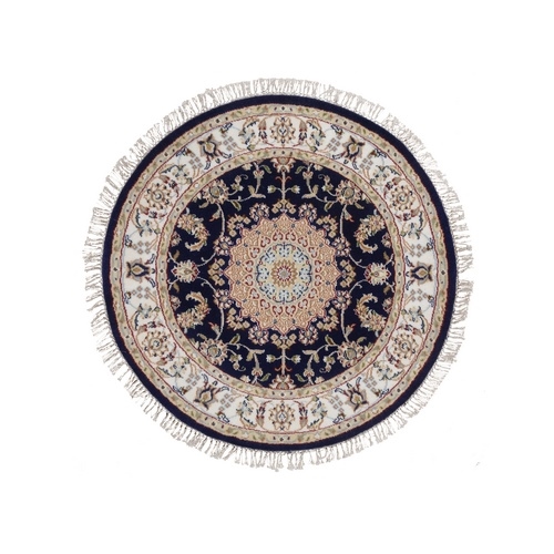 Midnight Blue, Hand Knotted, Nain with Flower Medallion Design, Soft Pile, 250 KPSI, Wool and Silk, Round, Oriental 