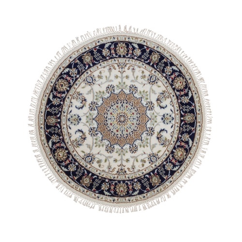 Pearl White, Nain with Flower Medallion Design, Wool and Silk, 250 KPSI, Hand Knotted, Soft Pile, Round, Oriental 
