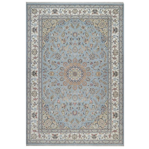 Light Blue, Nain with Flower Medallion Design, Hand Knotted, Wool and Silk, Soft Pile, 250 KPSI, Oriental Rug