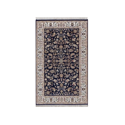 Midnight Blue, Nain with All Over Flower Design, Soft Pile, Wool and Silk, 250 KPSI, Hand Knotted, Oriental 