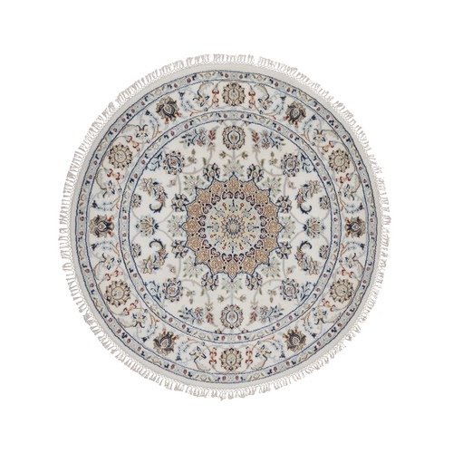Pearl White, Wool and Silk, Nain with Flower Medallion Design, Hand Knotted, 250 KPSI, Soft Pile, Round, Oriental 