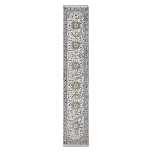 Pearl White, Nain with Flower Medallions Design, 250 KPSI, Hand Knotted, Wool and Silk, Soft Pile, Runner, Oriental 