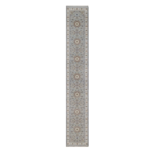 Light Blue, Nain with Flower Medallions Design, Hand Knotted, Wool and Silk, Soft Pile, 250 KPSI, XL Runner, Oriental Rug