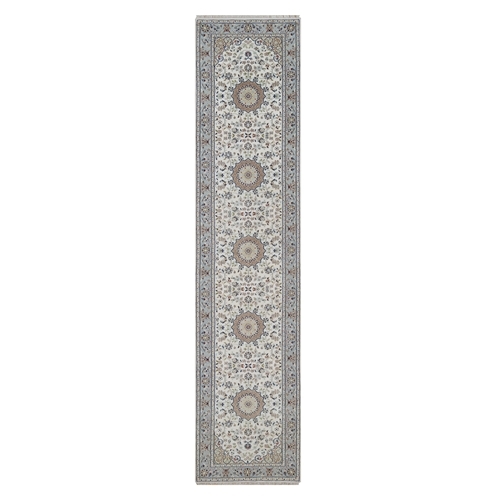 Pearl White, Nain with Flower Medallions Design, 250 KPSI, Hand Knotted, Soft Pile, Wool and Silk, Runner, Oriental 