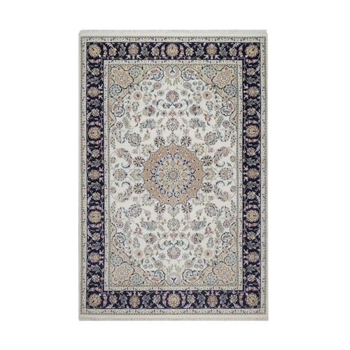 Pearl White, Hand Knotted, Nain with Flower Medallion Design, Wool and Silk, 250 KPSI, Soft Pile, Oriental 