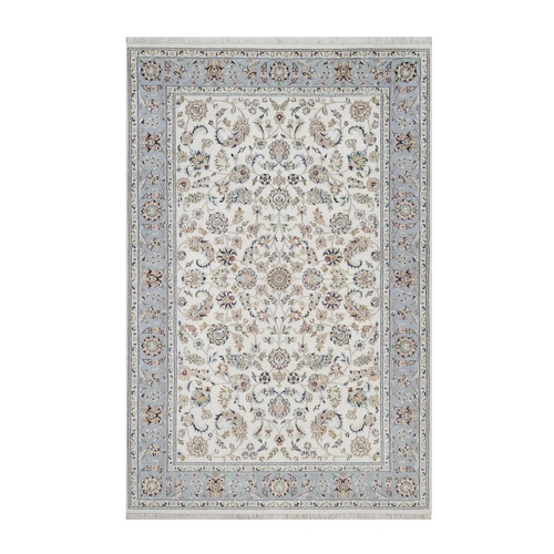 Pearl White, Nain with All Over Flower Design, 250 KPSI, Hand Knotted, Soft Pile, Wool and Silk, Oriental 