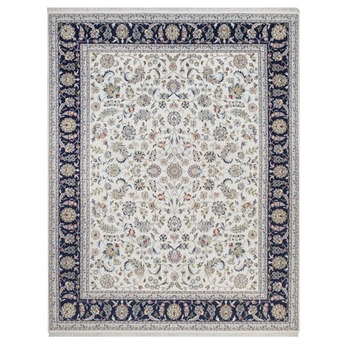 Pearl White, Nain with All Over Flower Design, Hand Knotted, 250 KPSI, Soft Pile, Wool and Silk, Oriental Rug