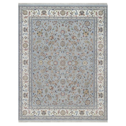Light Blue, Nain with All Over Flower Design, Soft Pile, Wool and Silk, 250 KPSI, Hand Knotted, Oriental Rug