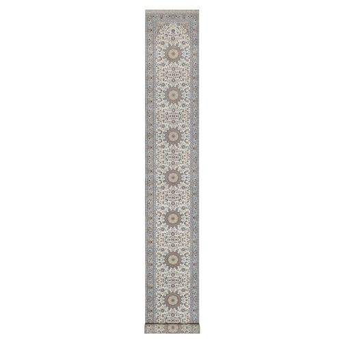 Pearl White, Hand Knotted, Nain with Flower Medallions Design, 250 KPSI, Soft Pile, Wool and Silk, XL Runner, Oriental 