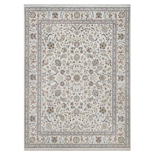 Pearl White, Hand Knotted, Nain with All Over Floral Pattern, Wool and Silk, 250 KPSI, Soft Pile, Oriental Rug