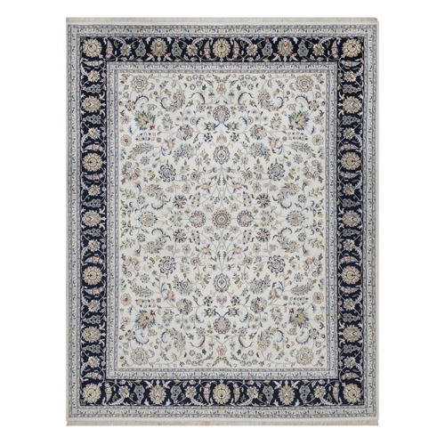 Pearl White, Nain with All Over Floral Pattern, Hand Knotted, 250 KPSI, Soft Pile, Wool and Silk, Oriental Rug