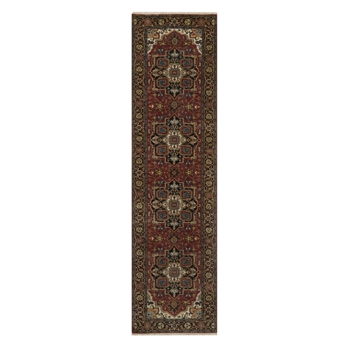Cranberry Red, Antiqued Fine Heriz Revival with Medallions Design, Hand Knotted, Hand Spun New Zealand Wool, Soft Pile, Vegetable Dyes, Runner, Oriental 