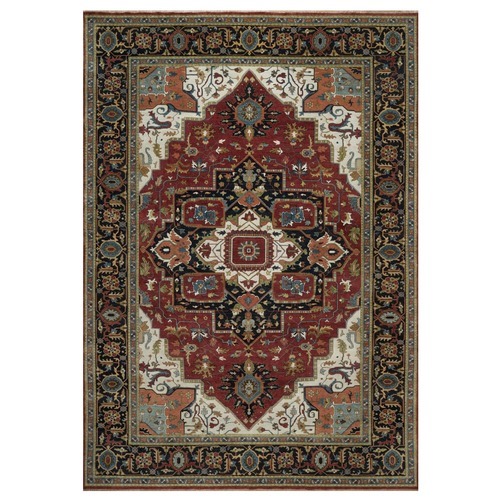 Scarlet Red, Hand Spun New Zealand Wool, Hand Knotted, Antiqued Fine Heriz Revival with Medallion Design, Soft Pile, Vegetable Dyes, Oriental 