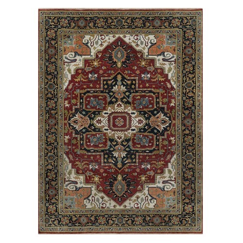 Berry Red, Hand Knotted, Antiqued Fine Heriz Revival with Medallion Design, Hand Spun New Zealand Wool, Soft Pile, Vegetable Dyes, Oriental 