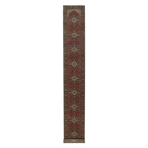 Maroon Red, Antiqued Fine Heriz Revival with Medallions Design, Hand Spun New Zealand Wool, Soft Pile, Vegetable Dyes, Hand Knotted, XL Runner, Oriental 