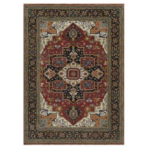Brick Red, Hand Spun New Zealand Wool, Hand Knotted, Antiqued Fine Heriz Revival with Medallion Design, Soft Pile, Vegetable Dyes, Oriental 