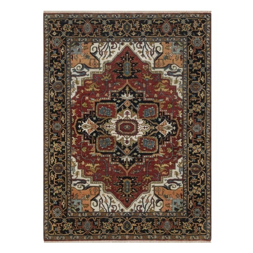 Ruby Red, Hand Knotted, Hand Spun New Zealand Wool, Antiqued Fine Heriz Revival with Medallion Design, Soft Pile, Vegetable Dyes, Oriental 