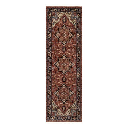 Auburn Red, Antiqued Fine Heriz Re-Creation, Medallions Design, Hand Spun New Zealand Wool, Hand Knotted, Denser Weave, Vegetable Dyes, Runner, Oriental 