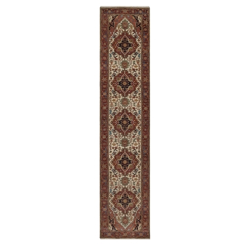 Chiffon White, Antiqued Fine Heriz Re-Creation, Medallion Design, Denser Weave, Vegetable Dyes, Hand Spun New Zealand Wool, Hand Knotted, Runner, Oriental 