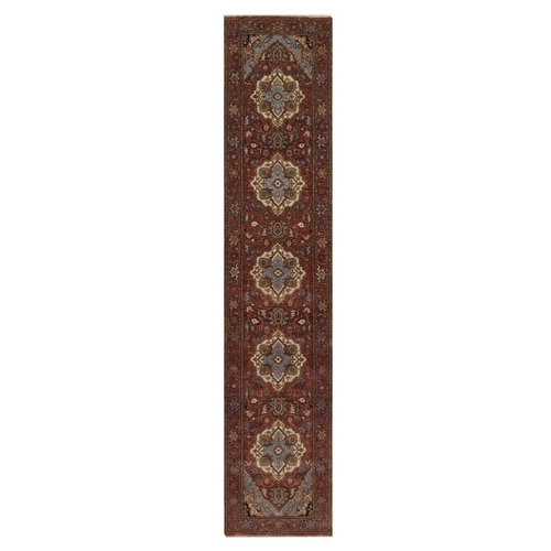 Brick Red, Antiqued Fine Heriz Re-Creation, Medallions Design, Hand Spun New Zealand Wool, Hand Knotted, Denser Weave, Vegetable Dyes, Runner, Oriental 