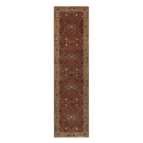Auburn Red, Antiqued Fine Heriz Re-Creation with All Over Design, Hand Knotted, Vegetable Dyes, Denser Weave, Hand Spun New Zealand Wool, Runner, Oriental 