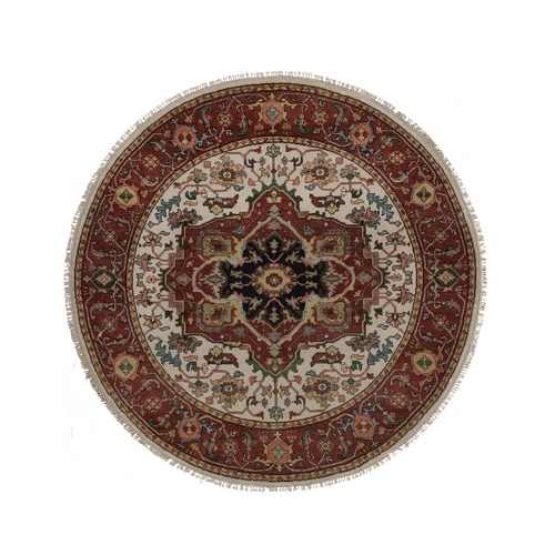 Chiffon White, Antiqued Fine Heriz Re-Creation,  Medallion Design, Hand Spun New Zealand Wool, Hand Knotted, Vegetable Dyes, Denser Weave, Round, Oriental 