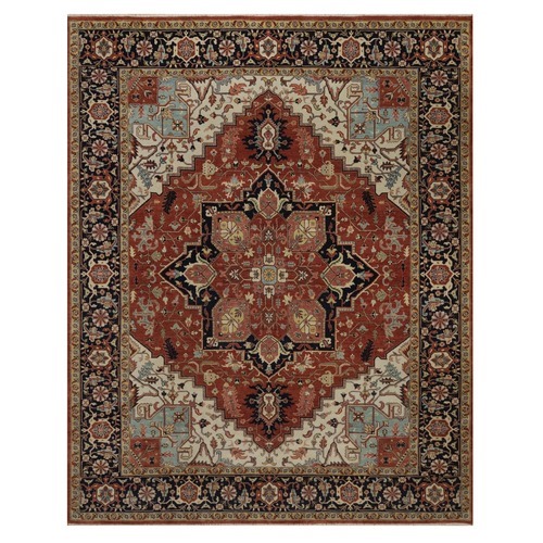 Chili Red, Antiqued Fine Heriz Re-Creation with Medallion Design, Hand Spun New Zealand Wool, Hand Knotted, Denser Weave, Vegetable Dyes, Oriental 