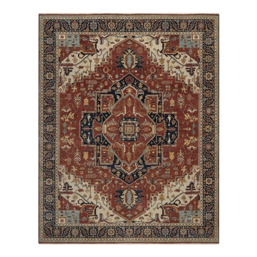 Auburn Red, Antiqued Fine Heriz Re-Creation, Medallion Design, Denser Weave, Vegetable Dyes, Hand Spun New Zealand Wool, Hand Knotted, Oriental 