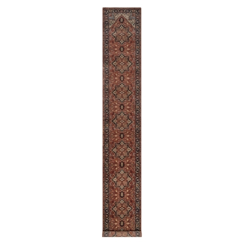 Auburn Red, Antiqued Fine Heriz Re-Creation, Medallions Design, Hand Spun New Zealand Wool, Denser Weave, Vegetable Dyes, Hand Knotted, XL Runner, Oriental 