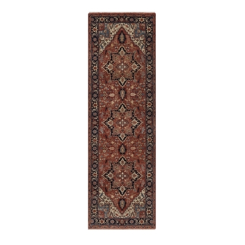 Brick Red, Antiqued Fine Heriz Re-Creation, Medallions Design, Denser Weave, Vegetable Dyes, Hand Spun New Zealand Wool, Hand Knotted, Runner, Oriental 