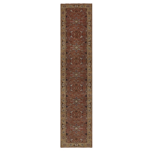 Auburn Red, Hand Spun New Zealand Wool, Hand Knotted, Antiqued Fine Heriz Re-Creation,All Over Design, Denser Weave, Vegetable Dyes, Runner, Oriental 