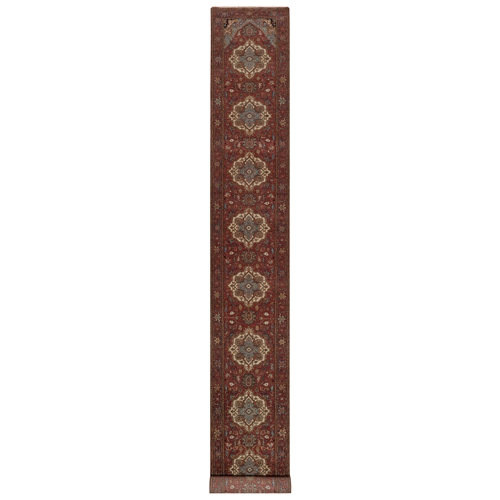 Auburn Red, Antiqued Fine Heriz Re-Creation, Medallions Design, Hand Spun New Zealand Wool, Hand Knotted, Denser Weave, Vegetable Dyes, XL Runner, Oriental 