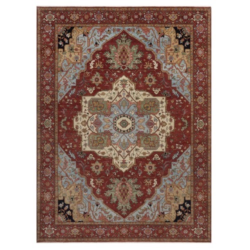 Brick Red, Antiqued Fine Heriz Re-Creation with Medallion Design, Denser Weave, Vegetable Dyes, Hand Spun New Zealand Wool, Hand Knotted, Oriental 