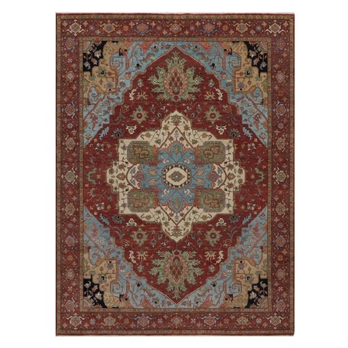 Brick Red, Antiqued Fine Heriz Re-Creation with Medallion Design, Denser Weave, Vegetable Dyes, Hand Spun New Zealand Wool, Hand Knotted, Oriental 