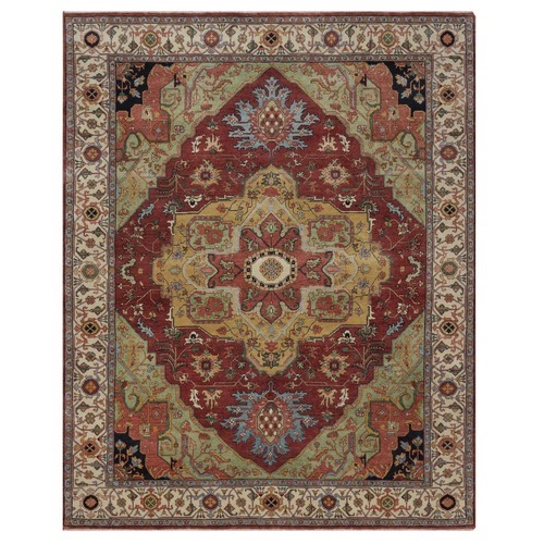 Barn Red, Antiqued Fine Heriz Re-Creation with Medallion Design, Denser Weave, Vegetable Dyes, Hand Spun New Zealand Wool, Hand Knotted, Oriental 