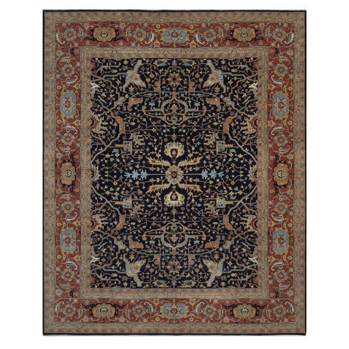 Midnight Blue, Antiqued Fine Heriz Re-Creation, All Over Design, Hand Spun New Zealand Wool, Hand Knotted, Denser Weave, Vegetable Dyes, Oversized, XL, Oriental Rug