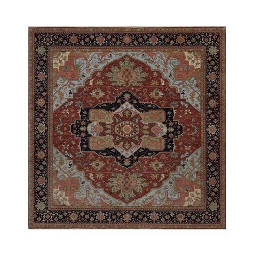 Barn Red, Antiqued Fine Heriz Re-Creation with Medallion Design, Denser Weave, Vegetable Dyes, Hand Knotted, Hand Spun New Zealand Wool, Square, Oriental 
