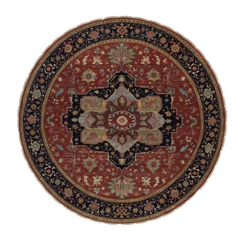 Barn Red, Hand Knotted, Antiqued Fine Heriz Re-Creation, Medallion Design, Hand Spun New Zealand Wool, Denser Weave, Vegetable Dyes, Round, Oriental 