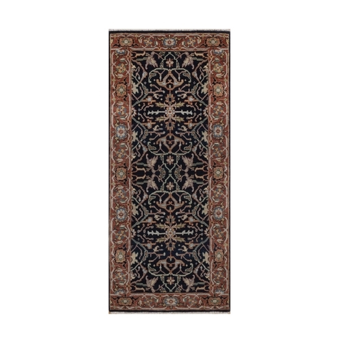 Midnight Blue, Hand Spun New Zealand Wool, Hand Knotted, Antiqued Fine Heriz Re-Creation with All Over Design, Denser Weave, Vegetable Dyes, Runner, Oriental Rug