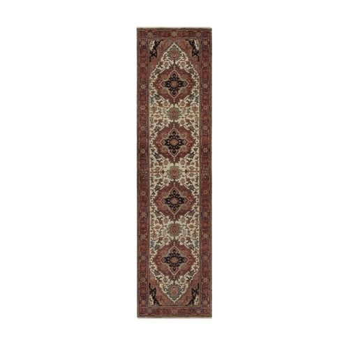 Chiffon White, Antiqued Fine Heriz Re-Creation with Flower Medallions, Denser Weave, Vegetable Dyes, Hand Spun New Zealand Wool, Hand Knotted, Runner, Oriental 