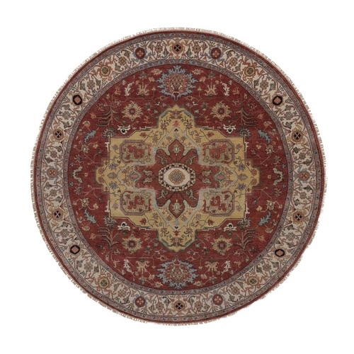 Barn Red, Antiqued Fine Heriz Re-Creation with Medallion Design, Denser Weave, Vegetable Dyes, Hand Spun New Zealand Wool, Hand Knotted, Round, Oriental 