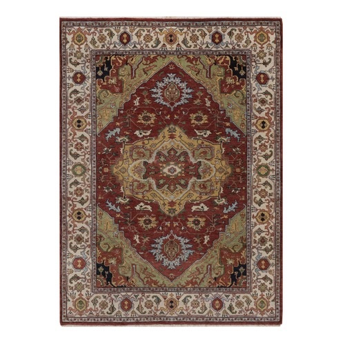 Barn Red, Hand Knotted, Antiqued Fine Heriz Re-Creation with Medallion Design, Hand Spun New Zealand Wool, Denser Weave, Vegetable Dyes, Oriental 