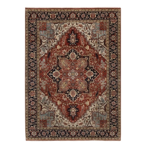 Barn Red, Antiqued Fine Heriz Re-Creation with Geometric Medallion, Hand Spun New Zealand Wool, Denser Weave, Vegetable Dyes, Hand Knotted, Oriental Rug
